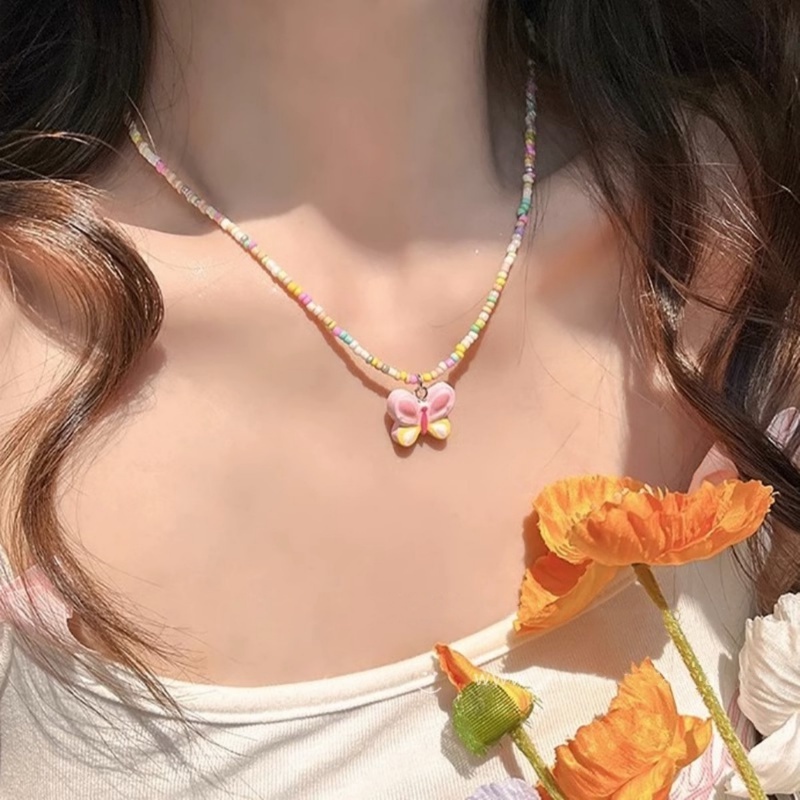 Kalung Liontin Kupu-Kupu Manik-Manik Warna Dopamin Rasa Desain Niche Perempuan Gadis Manis Rantai Klavikula Kalung Temperamen