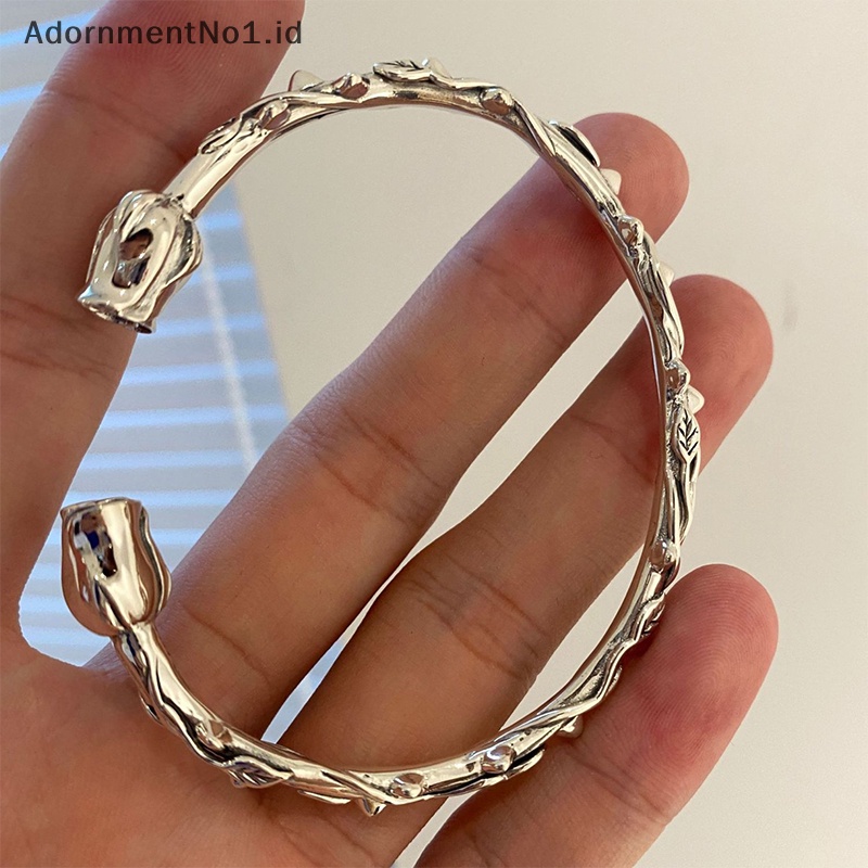 [AdornmentNo1] Warna Silver bunga mawar keren gelang pembukaan Bangle Vintage sederhana kepribadian kreatif Chic pesta perhiasan untuk wanita hadiah