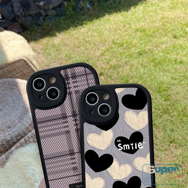 Simple Oil Painting Lucky Love Heart Smile Plaid Case Compatible for IPhone 7Plus XR X XS Max 13 11 14 12 Pro Max 7 8 6 6s Plus SE 2020 Vintage Tag Lattice Shockproof Soft Tpu Case