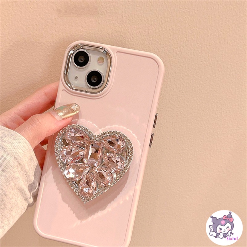 Compatible For iPhone 11 14 13 12 Pro Max 8 7Plus X Xs Xr Xs Max SE2020 Electroplated Lens Frame Protection Ins Pink Love Diamond Fashion Phone Case+Bracket Soft Anti Drop Cover