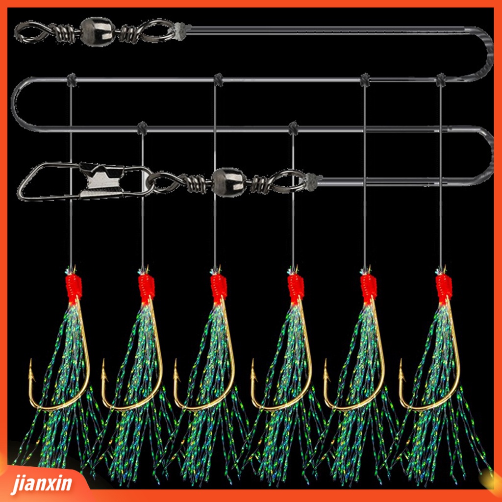 (In Stock) 6PCs/String Memancing Umpan Kait Berduri Tajam Warna Cerah Kokoh Anti-Korosi Penembus Kuat Portabel Cahaya Rumbai Berlapis Emas Kait Peralatan Memancing