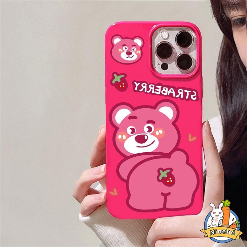 IPHONE Casing Ponsel Beruang Strawberry Mawar Merah Kartun Lucu Kompatibel Untuk Iphone14 13 12 11 Pro Max X Xr Xs Max8 7 6 6s Plus SE 2020 Perlindungan Lensa Shockproof Silikon Lembut Tpu Penutup Belakang