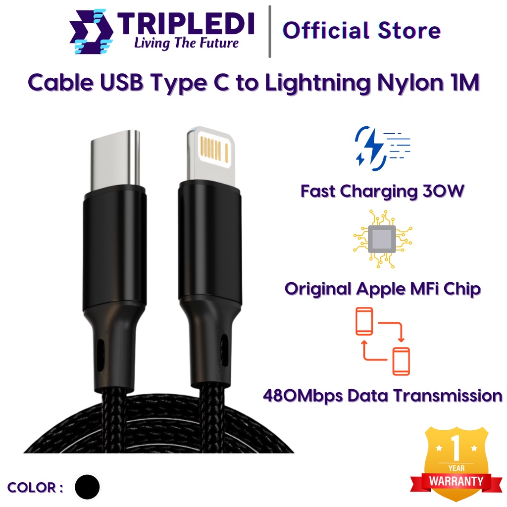 TRIPLEDI Kabel Charger iPhone Data Cable USB Type C to Lightning Nylon PD Fast Charging 30W IOS iPad
