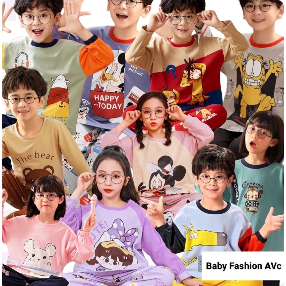 STELAN SETCEL ONESET PIYAMA BAJU KIDS KAOS TIDUR  KIDSWEAR ANAK CEWEK COWOK KOREA PP KATUN IMPORT LE