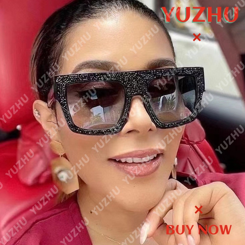 (YUZHU) Mode Barat Oversized Square Frame Sunglasses Wanita Glitter Pesta Kerai Kacamata Hitam