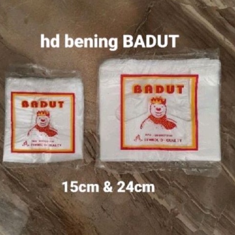 

Kantong kresek hd bening BADUT 150gr/pak | uk. 15 & 24