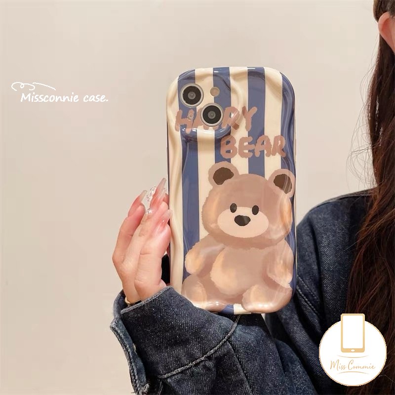 Case Garis Beruang Kartun Lucu Kompatibel Untuk iPhone 7Plus XR 11 Pro Max 6s 8 6 7 Plus 14 13 12 Pro Max X XS Max SE 2020 3D Wavy Curved Edge Glossy Airbag Lembut Tpu Shockproof Cover