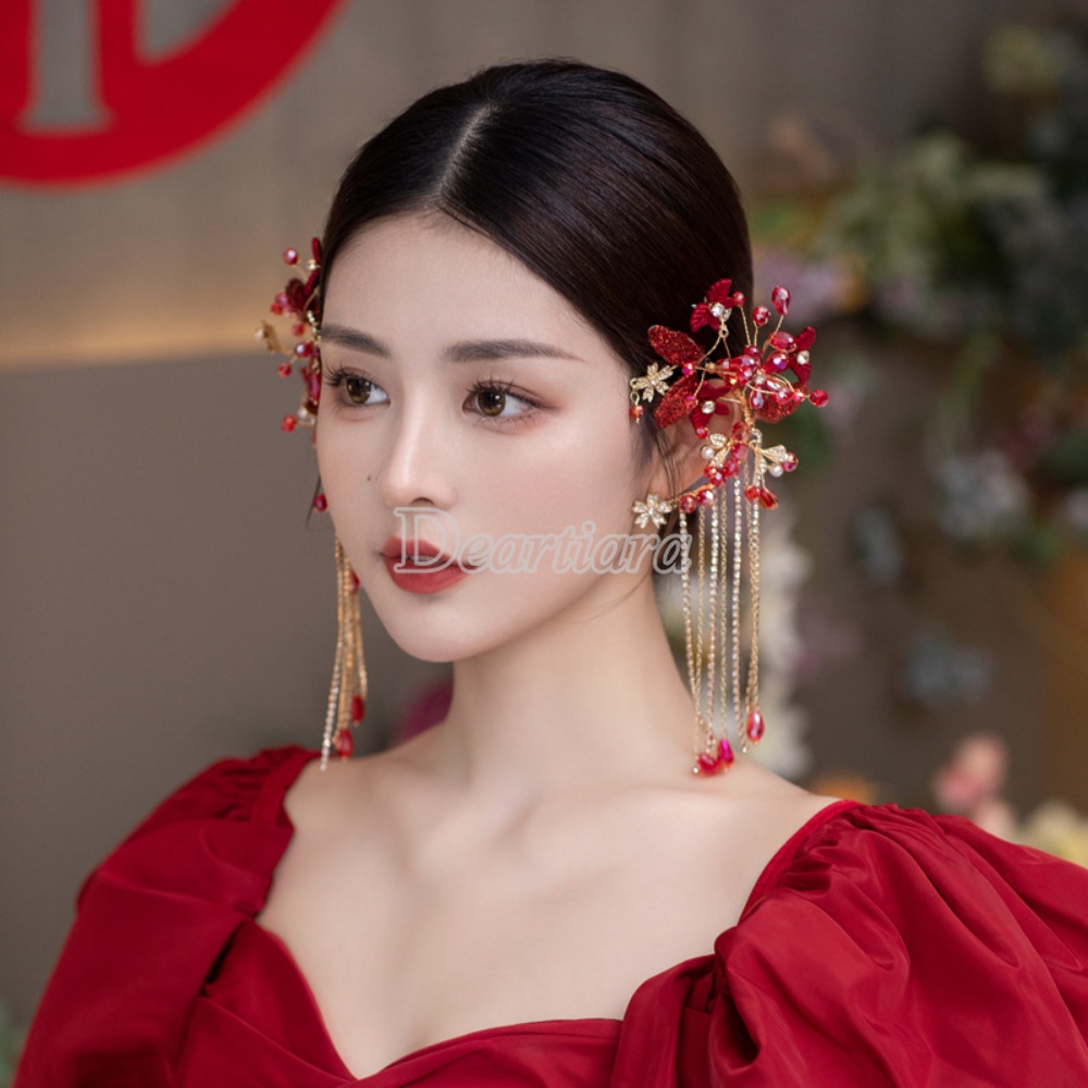 Fashion Retro Bunga Merah Rumbai Panjang Xiuhe Hiasan Pengantin Set Gantung Telinga Dengan Makeup Aksesoris Rambut