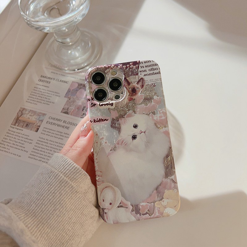 Ultrathin PC Hard Full Protective Case IPhone 7 8 Plus 7+ 8+ XR XS Max 11 12 13 14 Pro Max 14Plus SE 2020 Women's Gift Cute Pink Flower Cat Nonskid