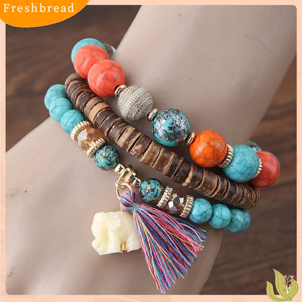 &lt; Freshbread &gt; 3Pcs/Set Bohemian Wanita Gajah Rumbai Pesona Ceko Batu Manik-Manik Gelang Hadiah