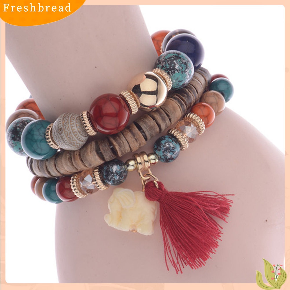 &lt; Freshbread &gt; 3Pcs/Set Bohemian Wanita Gajah Rumbai Pesona Ceko Batu Manik-Manik Gelang Hadiah