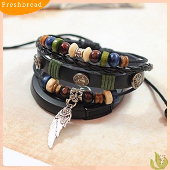 &lt; Freshbread &gt; Unisex Vintage Multilayer Faux Leather Wing Charm Wooden Beads Gelang Bangle