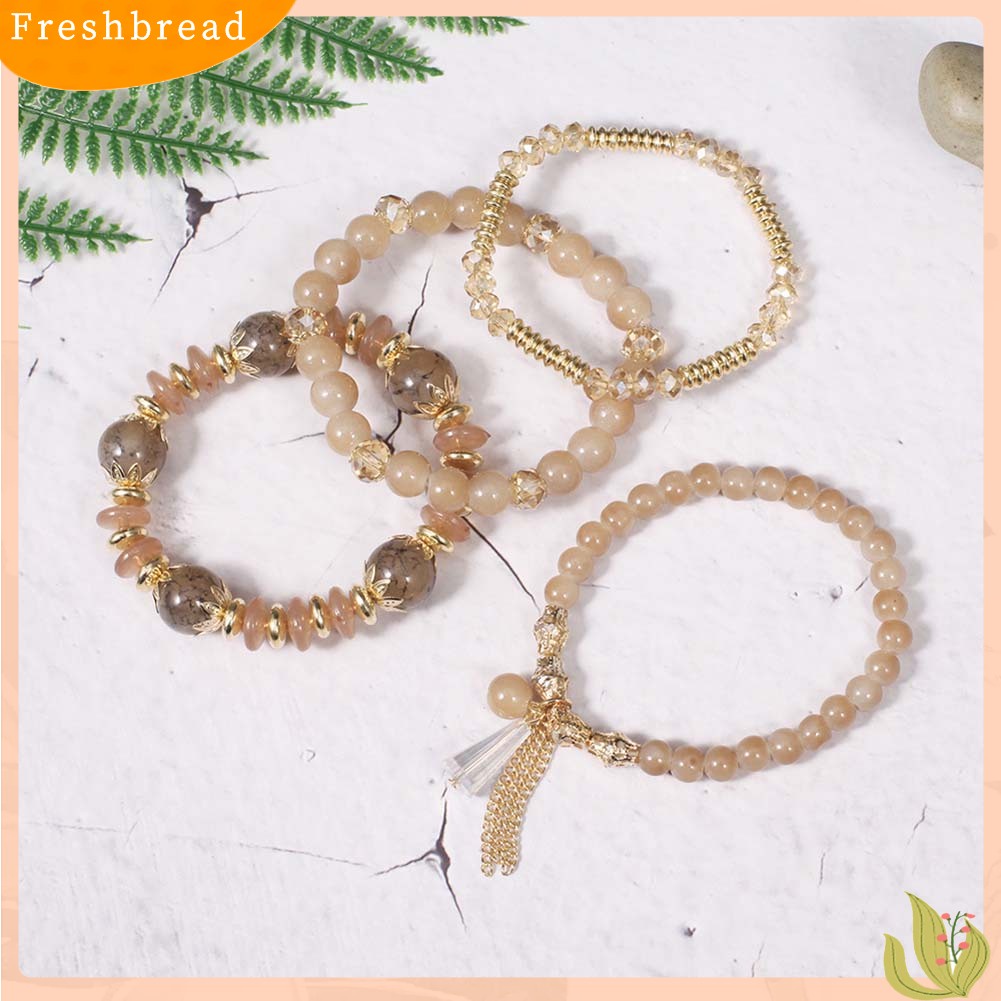 &lt; Freshbread &gt; 4Pcs/Set Boho Faux Agate Mutiara Rumbai Rantai Pesona Manik-Manik Gelang Wanita Perhiasan