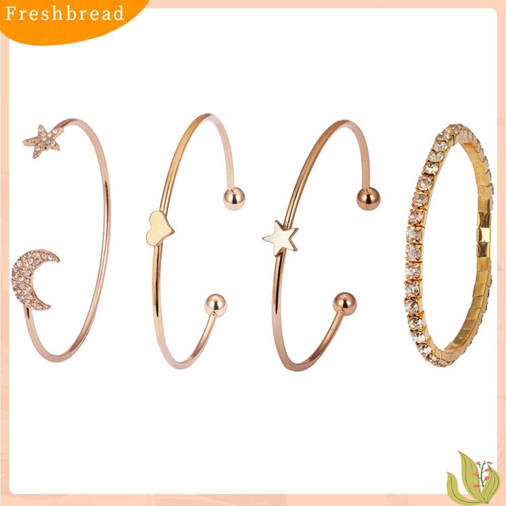 &lt; Freshbread &gt; 4Pcs/Set Bulan Bintang Hati Pesona Berlian Imitasi Bertatahkan Gelang Wanita Bangle Jewelry