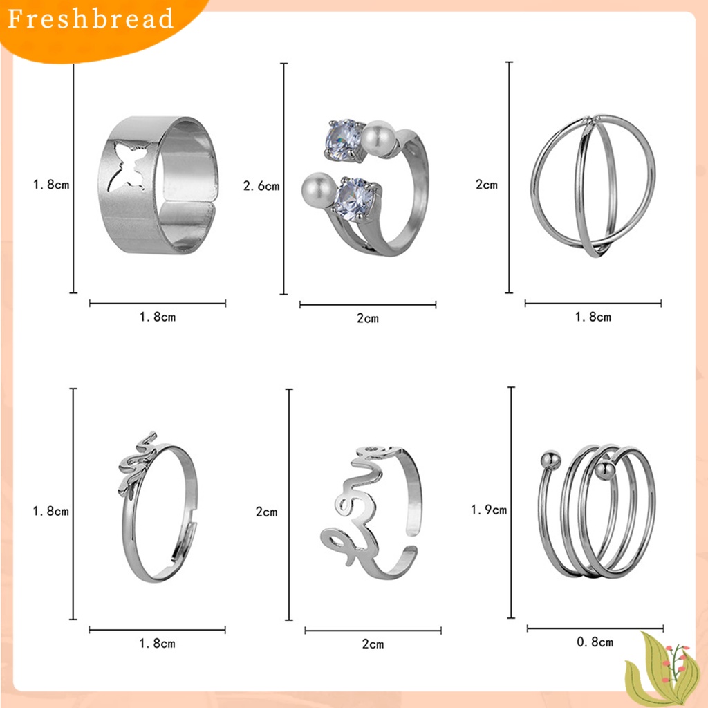 &lt; Freshbread &gt; 6Pcs Cincin Jari Huruf Kupu-Kupu Mutiara Imitasi Pria Wanita Bukaan Adjustable Ins Style Rings Fashion Jewelry