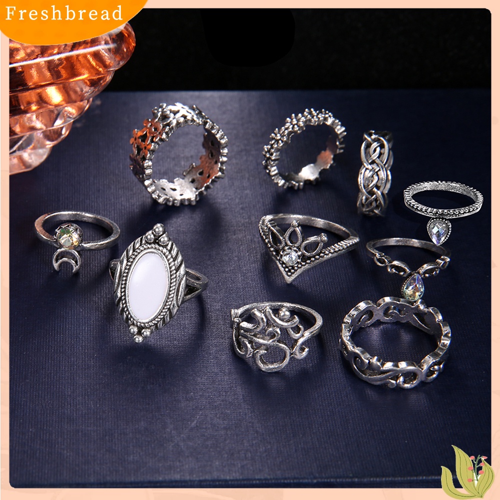 &lt; Freshbread &gt; 10 Pcs Wanita Retro Faux Opal Rhinestone Knuckle Midi Finger Stacking Joint Ring