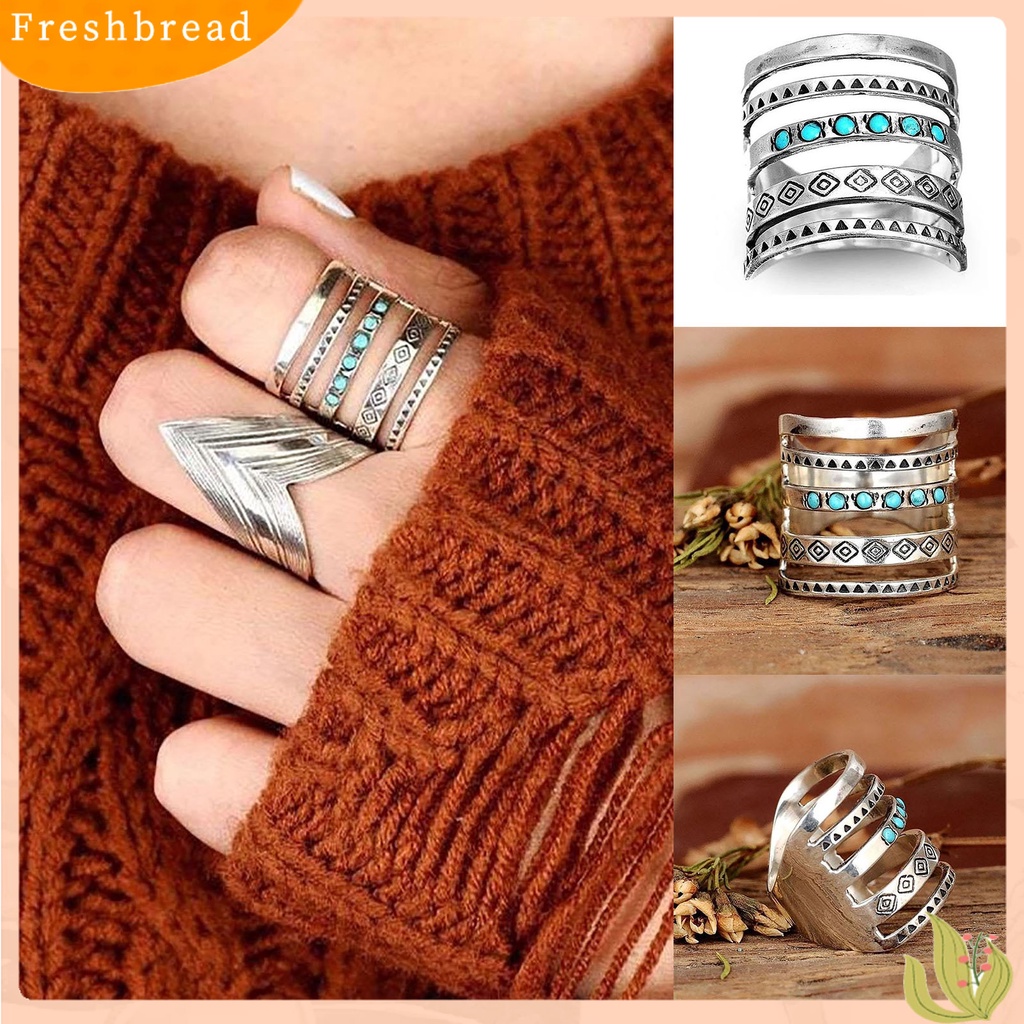 &lt; Freshbread &gt; Wanita Cincin Multilayer Lebar Pirus Dekorasi Simbol Pola Berongga Bohomia Bersama Cincin Perhiasan Aksesoris