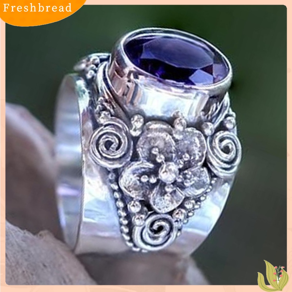 &lt; Freshbread &gt; Unisex Cincin Lebar Ukir Mewah Ungu Kristal Imitasi Jari Cincin Perhiasan Aksesoris