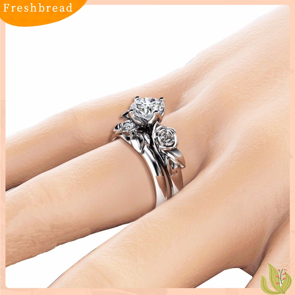 &lt; Freshbread &gt; 2Pcs Fashion Bunga Mawar Cincin Set Berlian Imitasi Wanita Pesta Pertunangan Perhiasan