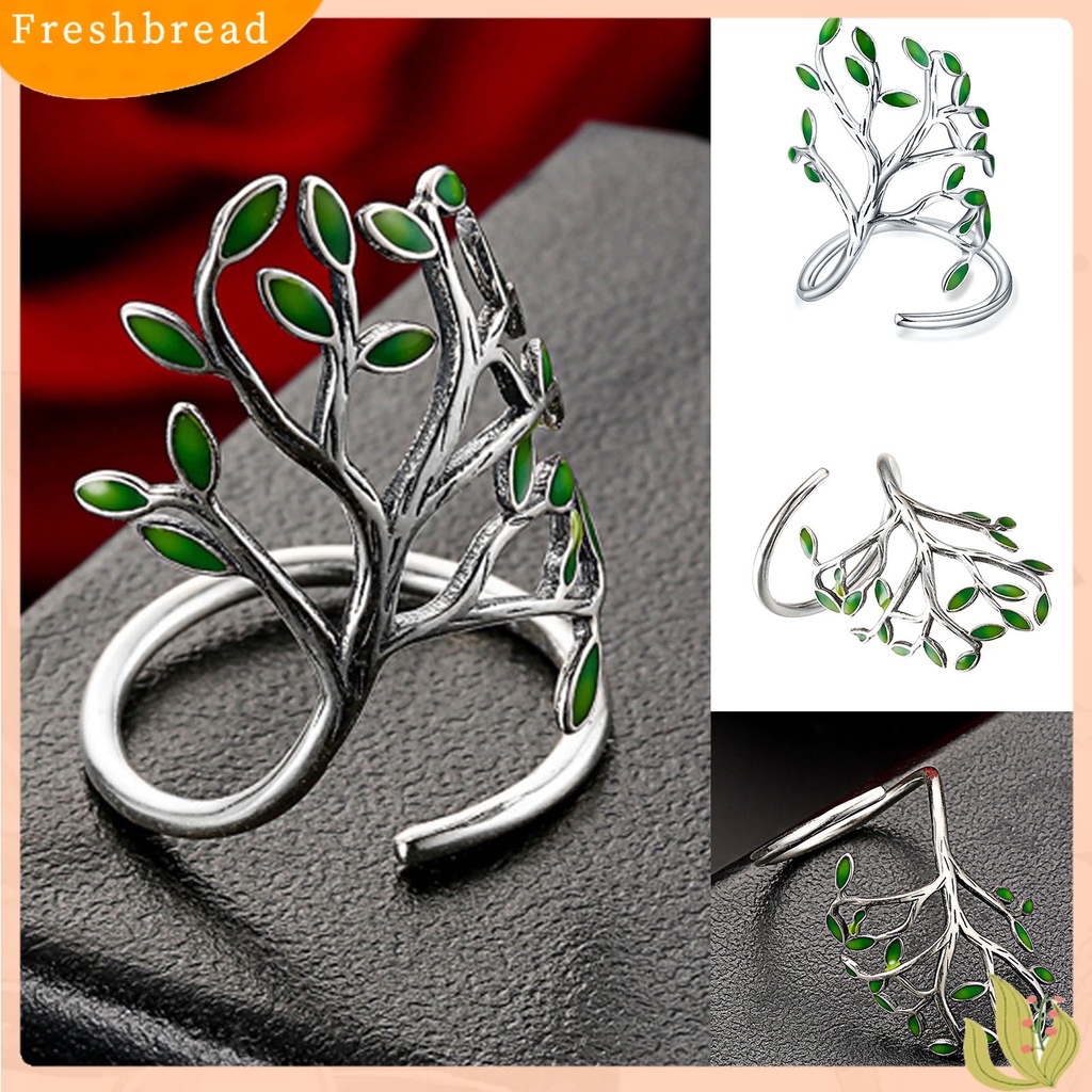 &lt; Freshbread &gt; Cincin Unisex Bukaan Adjustable Tembaga Cabang Hijau Daun Cincin Perhiasan Aksesoris