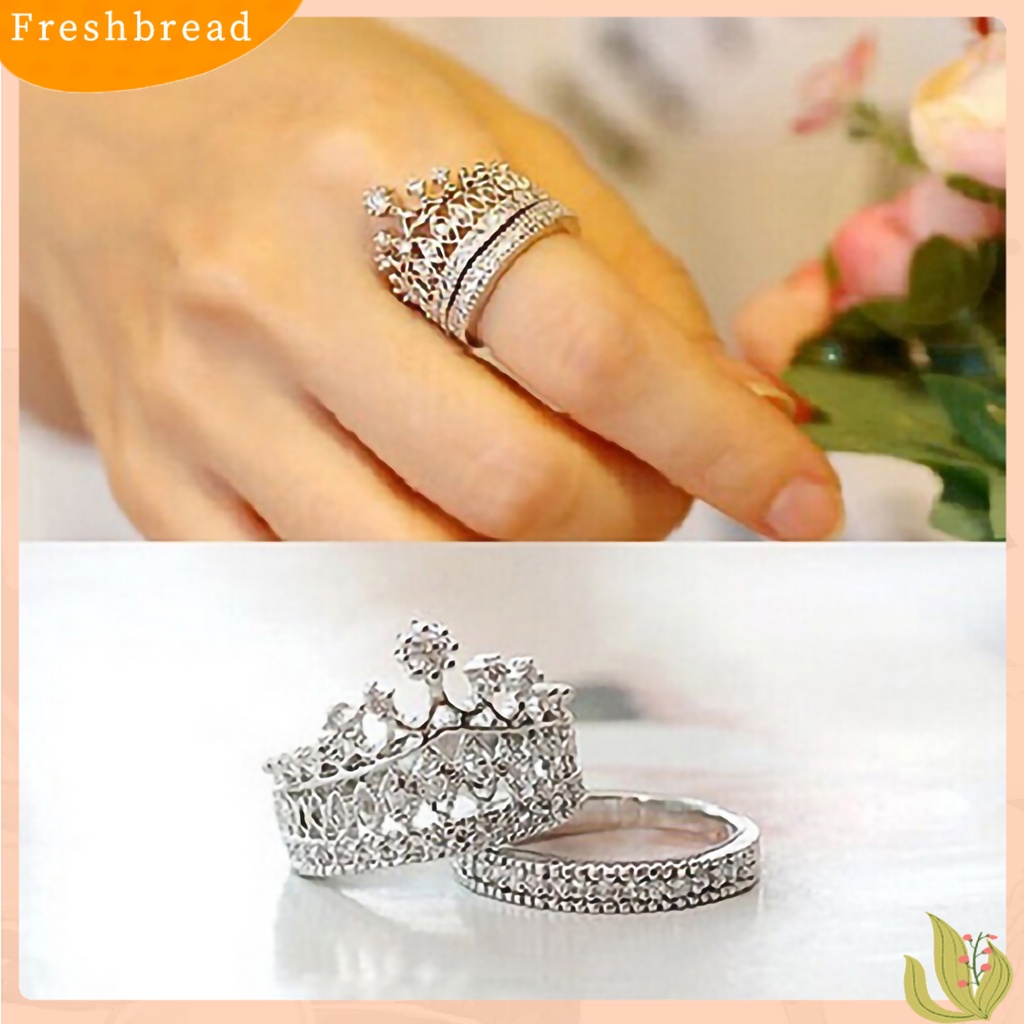 &lt; Freshbread &gt; 2Pcs Cincin Wanita Motif Mahkota Berlian Imitasi Hias Alloy Pernikahan Band Bridal Set Untuk Pertunangan