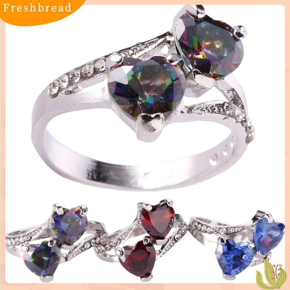< Freshbread > Fashion Wanita Mewah Cubic Zirconia Berlian Imitasi Bertatahkan Cinta Ganda Cincin Hati