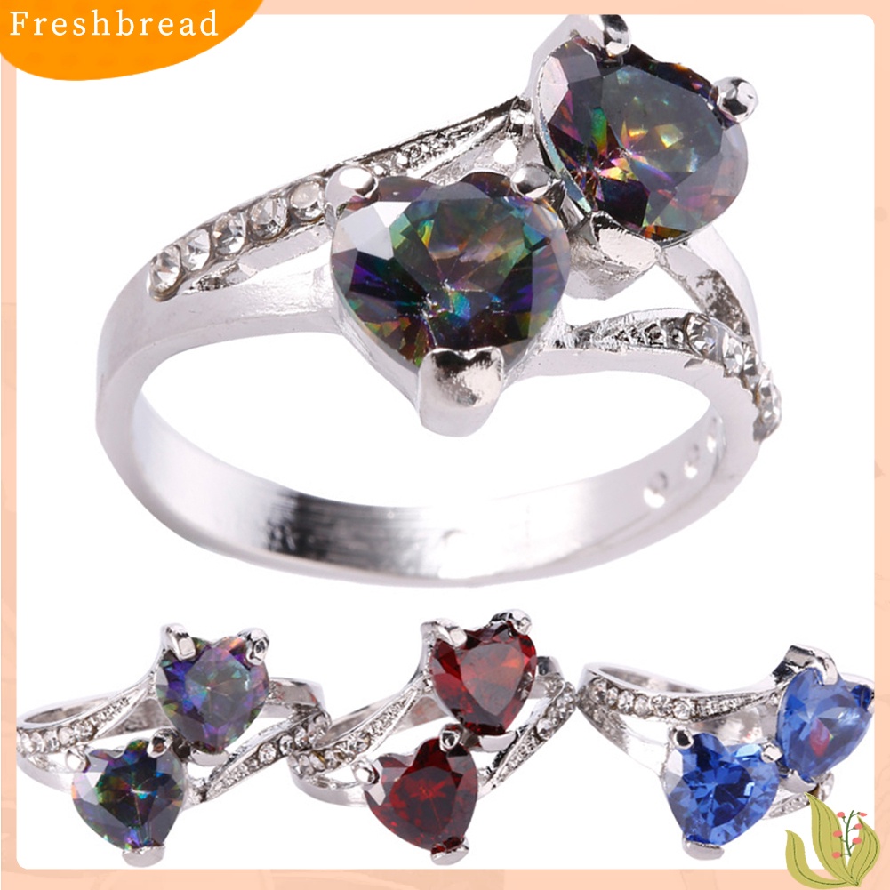 &lt; Freshbread &gt; Fashion Wanita Mewah Cubic Zirconia Berlian Imitasi Bertatahkan Cinta Ganda Cincin Hati