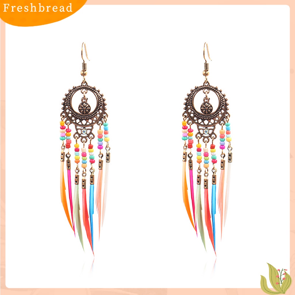 &lt; Freshbread &gt; Anting Retro Manik-Manik Resin Romantis Bohemian Bulu Rumbai Fringe Earrings Untuk Wanita