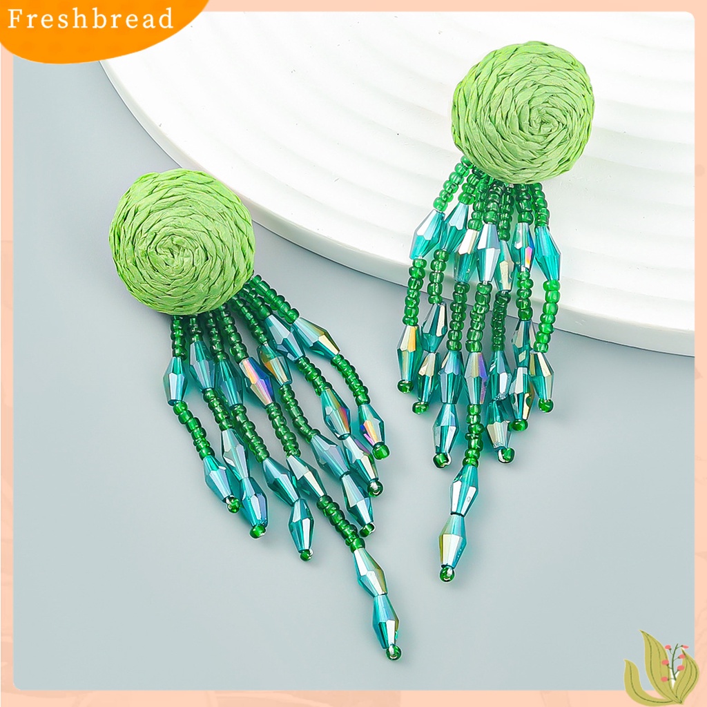 &lt; Freshbread &gt; 1pasang Anting Wanita Warna Kontras Berlebihan Ringan Tahan Lama Portabel Kepala Bulat Dikepang Rumbai Manis Menjuntai Anting-Anting Lady Earrings Jewelry