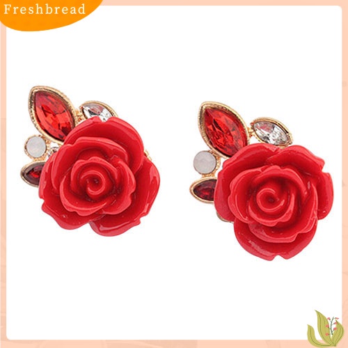 &lt; Freshbread &gt; Wanita Retro Elegan Bunga Mawar Berlian Imitasi Bertatahkan Telinga Studs Earrings Hadiah