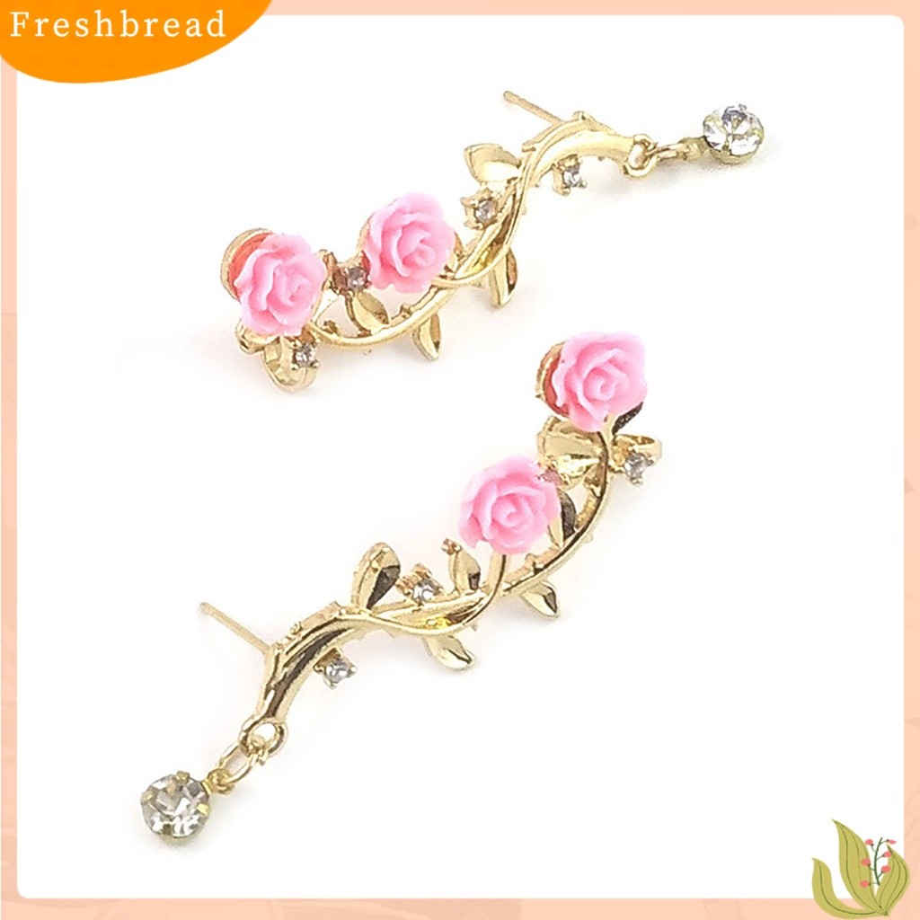 &lt; Freshbread &gt; 1pasang Berlian Imitasi Bersinar Tindik Telinga Studs Bunga Mawar Cabang Cuff Earrings Fashion Jewelry