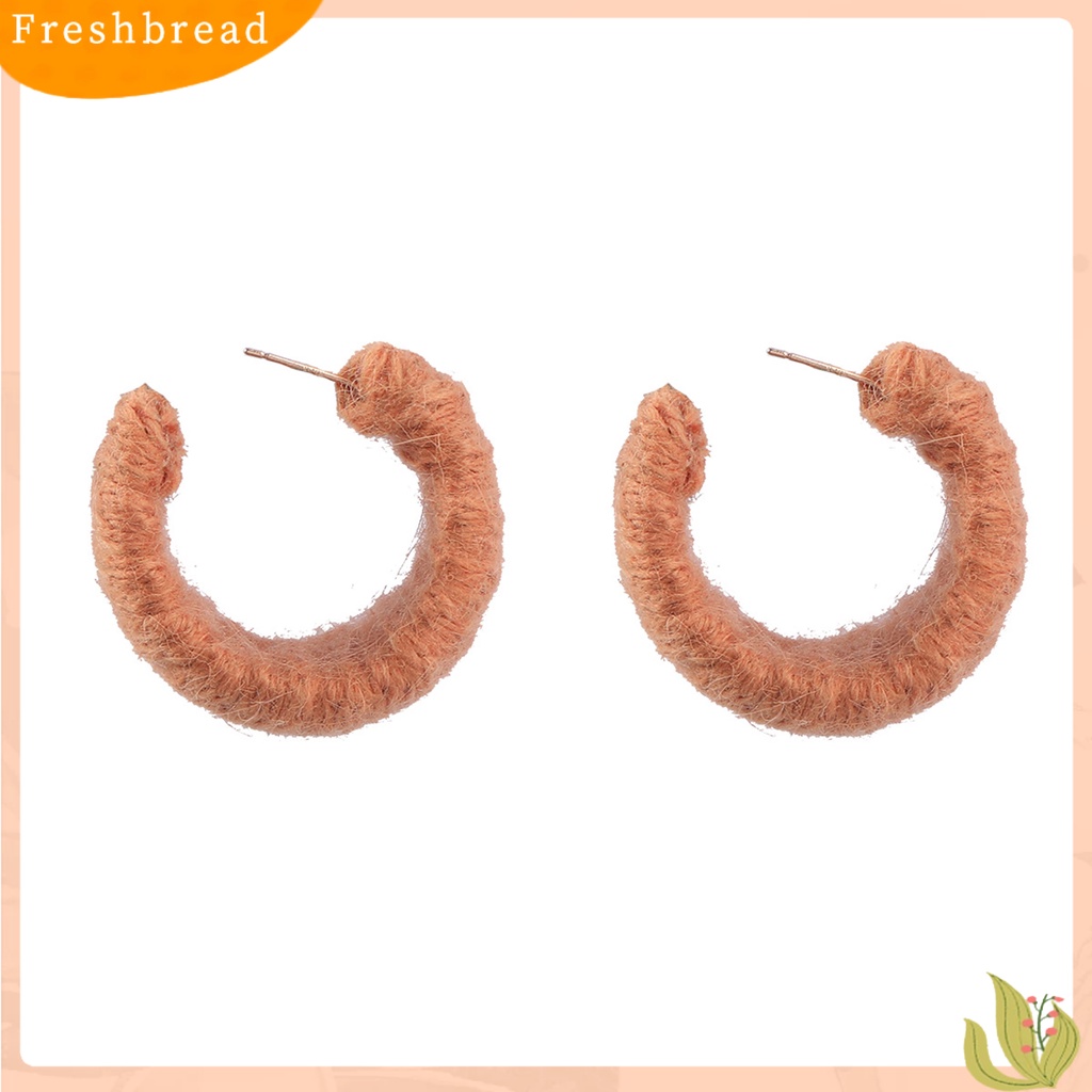 &lt; Freshbread &gt; 1pasang Anting Pejantan Berbentuk C Handmade Benang Katun Dikepang Geometris Hadiah Musim Gugur Musim Dingin Warna Solid Setengah Hoop Wanita Anting-Anting Perhiasan Fashion