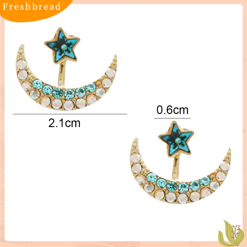 &lt; Freshbread &gt; 1pasang Anting Bentuk Bulan Bintang Desain Berlian Imitasi Bahan Alloy Wanita Fashion Ear Studs Untuk Hadiah