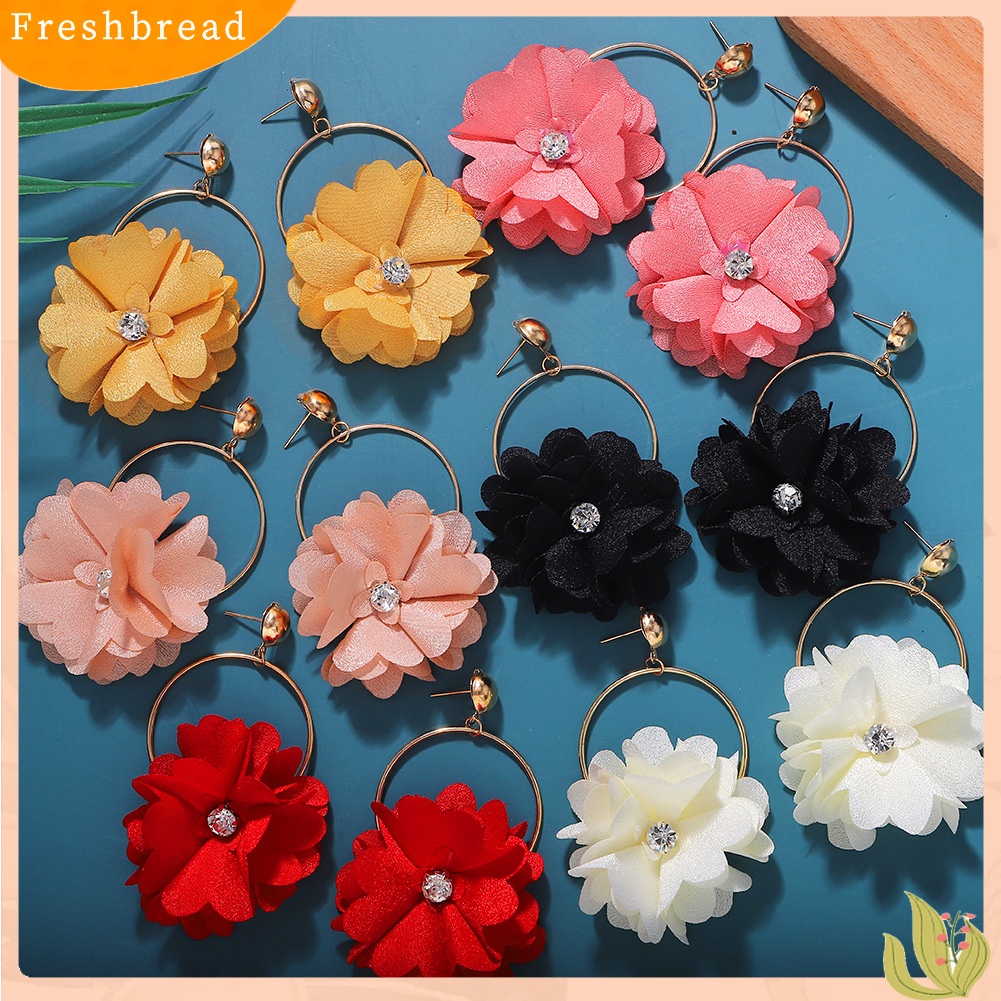 &lt; Freshbread &gt; Fashion Wanita Berlian Imitasi Bunga Bulat Menjuntai Ear Drop Earrings Perhiasan Hadiah