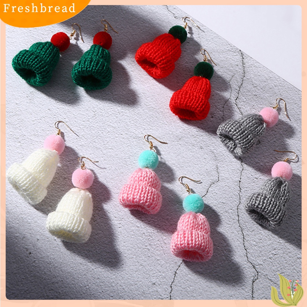 &lt; Freshbread &gt; Wanita Manis Pompom Topi Kupluk Menjuntai Klip Kait Anting Hadiah Perhiasan Natal