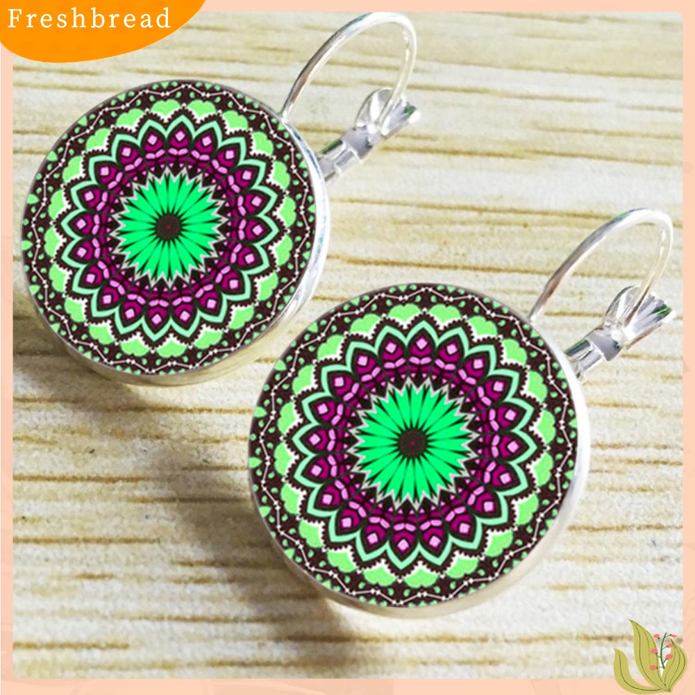 &lt; Freshbread &gt; Vintage Bunga Lotus Mandala Kaca Cabochon Leverback Anting Wanita Perhiasan