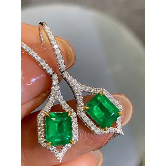 Goldkingdom Aksesoris Perhiasan Fashion Ready Stock Premium Jewelry Design Natural Emerald Princess Square Diamond Double Color Gold Earrings Anting Giwang Anting