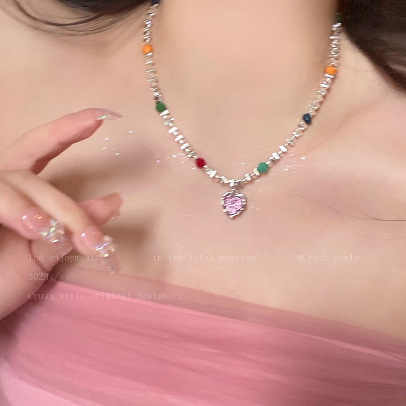 Set Kalung Geometris Hati Kristal Alloy Korea Untuk Wanita