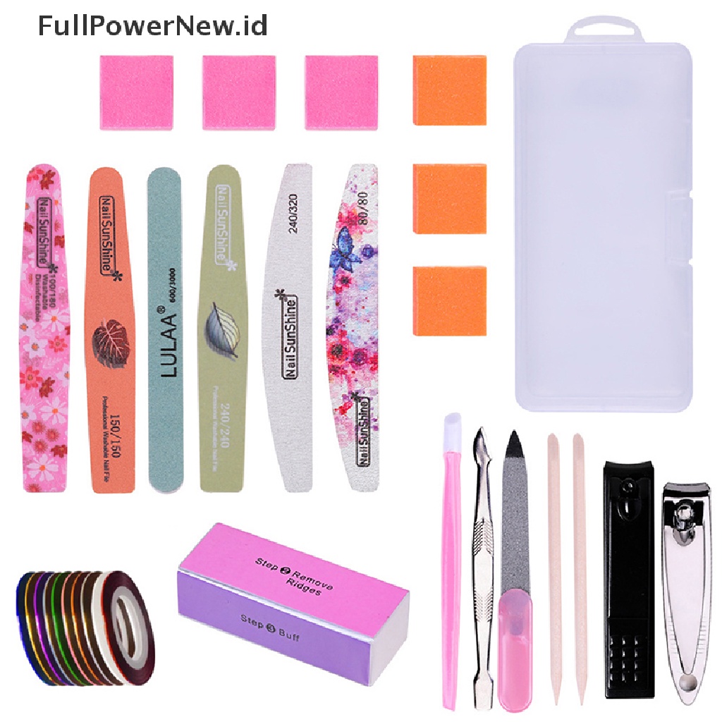 Power 21Pcs Nail Manicure Set Alat Perawatan Kuku Pedicure Files Buffer Spons Blok ID