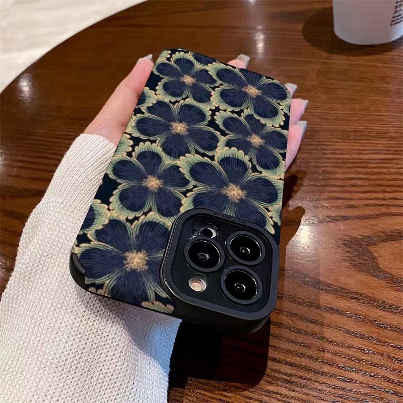 Leather Green Black Flower Soft Case for IPhone 6S 7 Plus 8 Plus X XS XR XS Max 11 13 12 14 PRO Max 14 Plus 13 12 Mini Pretty Case for Girl Women's Fashion