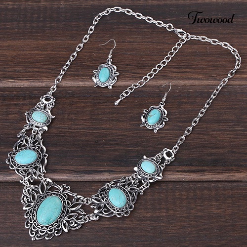 Twowood Women's Berongga Tibet Oval Turquoise Bib Kerah Kalung Anting Set Perhiasan