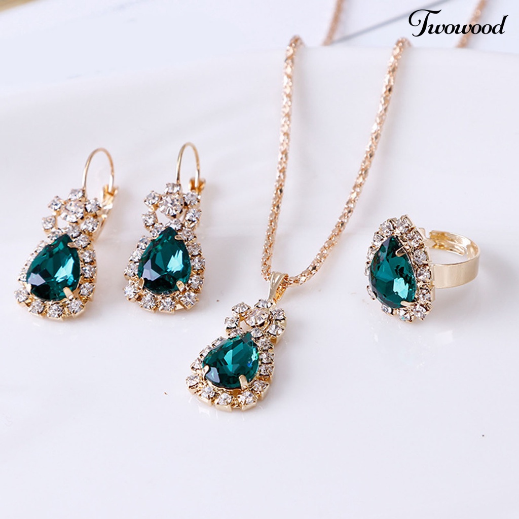 Twowood 3Pcs/Set Ladies Pendant Necklace Bentuk Tetesan Air Aksesori Tahan Aus Elegan Kalung Menjuntai Anting Cincin Set Untuk Pernikahan