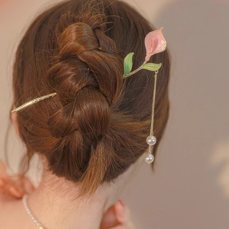 Elegant Chinese Horseshoe Lotus Rumbai Mutiara Kepala Bola Rambut Gaya Kuno Jepit Rambut