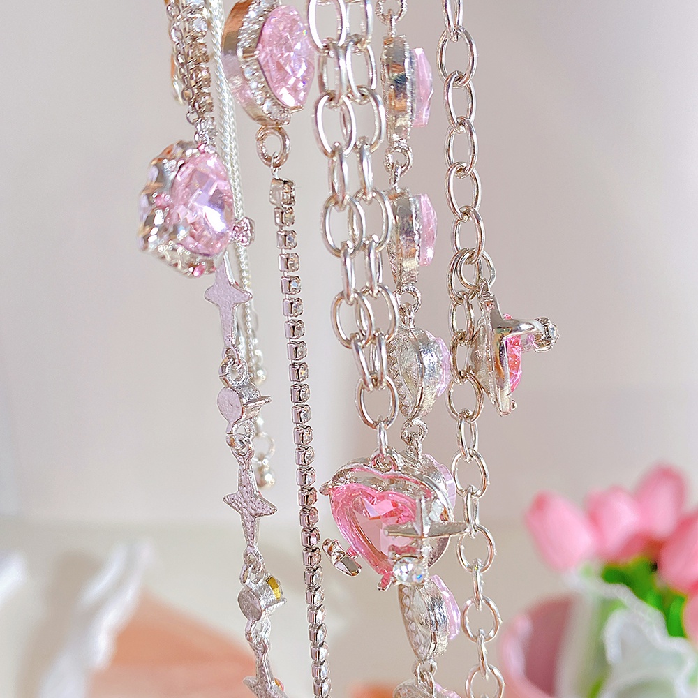 Kalung Anting Liontin Zirkon Kristal Pink Cincin Sweet Cross Heart Chain Choker Untuk Aksesoris Perhiasan Wanita