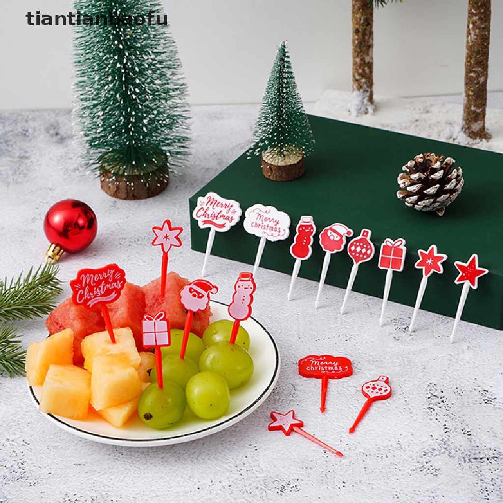 [tiantianbaofu] 4/8pcs Merry Christmas Hewan Buah Garpu Mini Kartun Anak Kue Buah Tusuk Gigi Butik