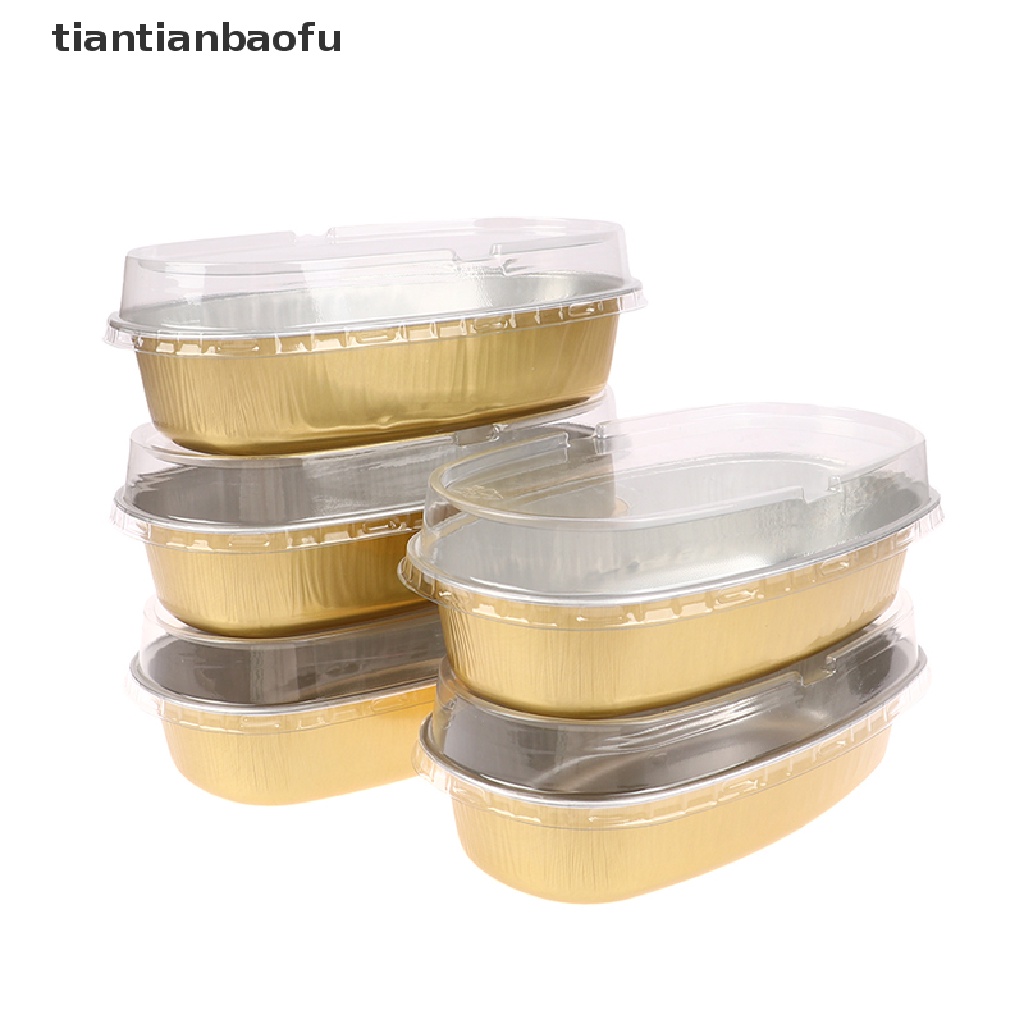 [tiantianbaofu] 5pcs Kotak Kue Aluminium Foil Oval 350ML Dengan Tutup Plastik Kemasan Kue Cup Butik