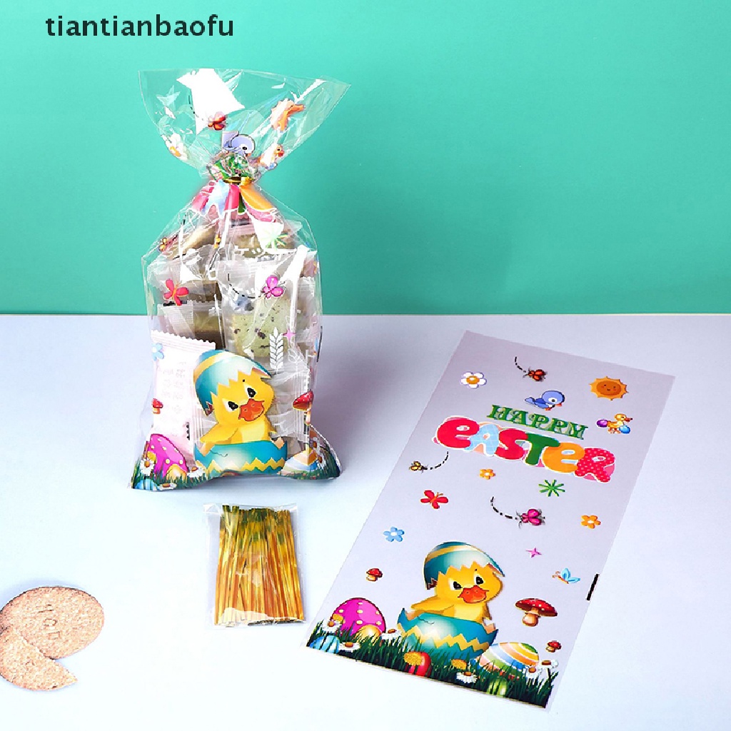 [tiantianbaofu] 50pcs Kantong Hadiah Paskah Dengan Dasi Kawat Telur Kelinci Kemasan Plastik Candy Bags Boutique