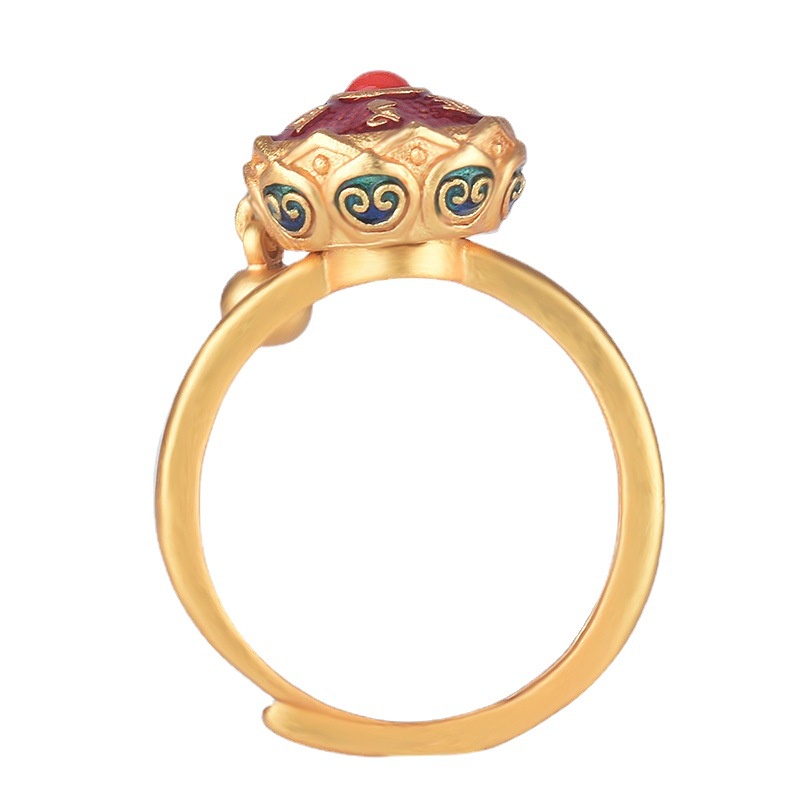 Goldkingdom Aksesoris Perhiasan Fashion Ready Stock Rotary Silinder Enam Kata Benar Handmade Gaya Nasional Enamel Warna Membakar Biru Transfer Pembukaan Cincin