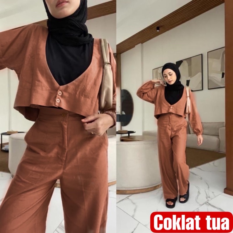 SET HAILEY (atasan + celana kulot ) WARNA HITAM COKLAT TUA