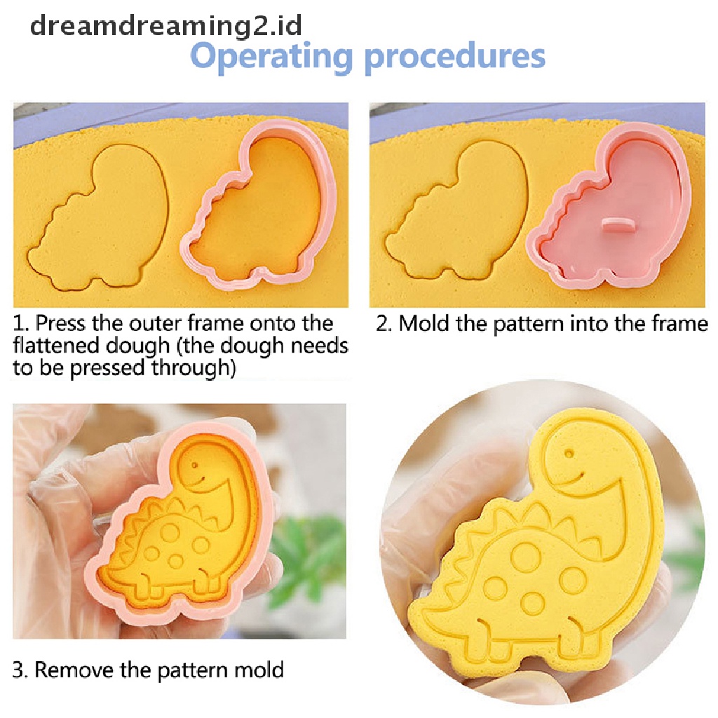 (hot) 8pcs/set Kartun Dinosaurus Cookie Pemotong 3D Plastik Pressable Biskuit Cetakan Cookie Stamp Dapur Baking Pastry Bakeware Alat Perlengkapan Baking DIY//